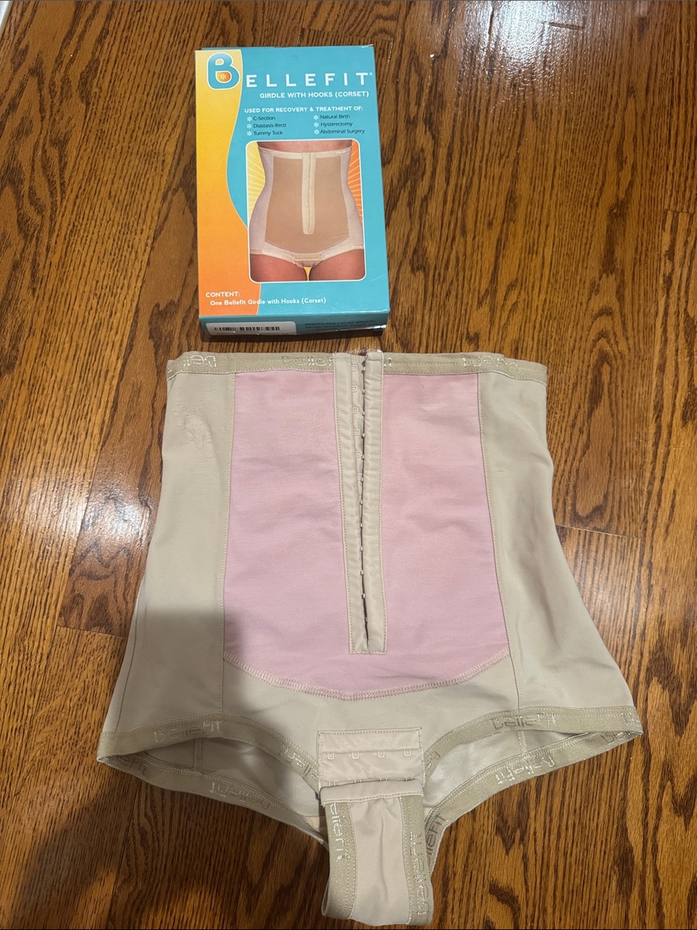 Beige high-waist postpartum girdle corset with hooks size Small